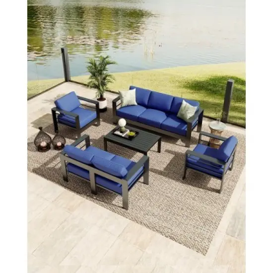 5 Pieces Aluminum Patio Furniture Set, Outdoor Sectional Conversation Set Sectional Sofa with Coffee Table & Thick Cushions image {7}