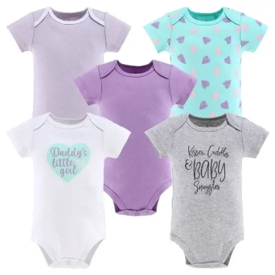 The Peanutshell Baby Girl Short Sleeve Bodysuits, 5-Pack, Purple/Grey/Mint, Newborn to 24 Months image {6}