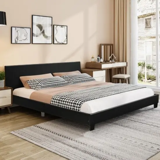 Costway Queen Upholstered Platform Bed Frame with Linen/PU Headboard Wood Slat Gray/Black image {1}