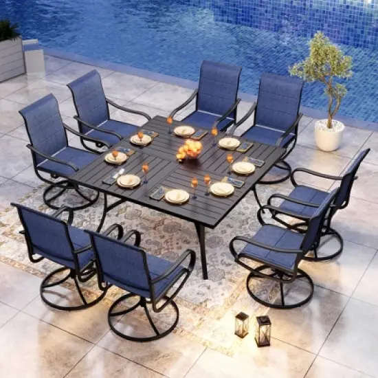 Captiva Designs 9pc Spacious Slat-top Square Metal Table with Umbrella Hole & Padded Textilene Swivel Chairs image {15}