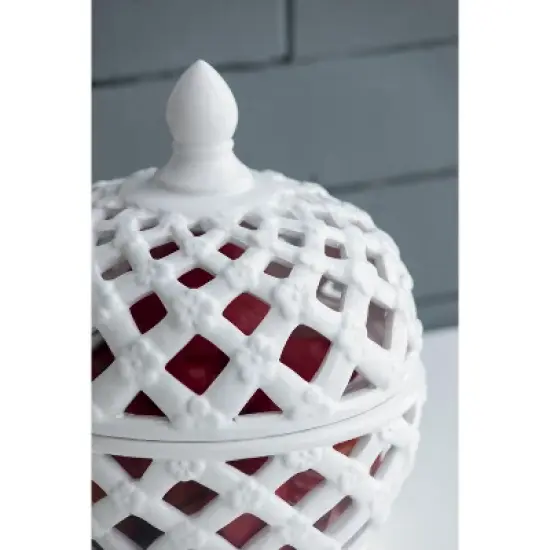 D8x9.5in White Ceramic Lidded Jar with Lattice Design image {10}
