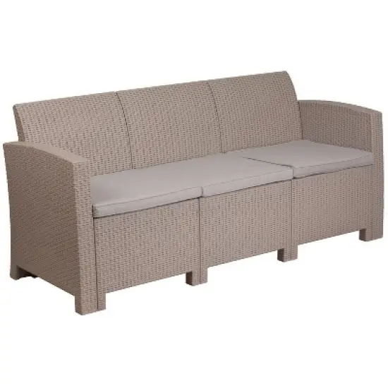 Merrick Lane Outdoor Furniture Resin Sofa Faux Rattan Wicker Pattern Patio 3-Seat Sofa With All-Weather Cushions image {13}