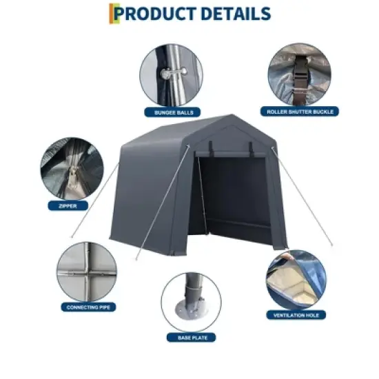 6' x 8' x 7' Outdoor Storage Shed, Portable Garage Tent with Waterproof PE Tarp, Roll-Up Zippered Doors & Vents for Bike, ATV, Motorcycle, Grey image {1}