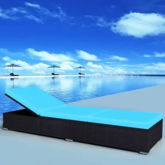 vidaXL Sunlounger Black and Blue PE Rattan, Powder-Coated Steel, Polyester image {1}