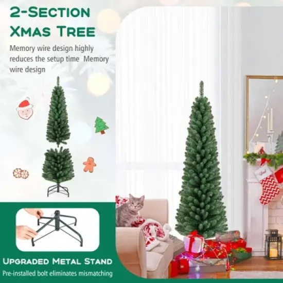 Costway 5/6/7/8 FT Pencil Christmas Tree Artificial Xmas Tree with 295/392/523/671 Memory Wire Branch Tips image {4}