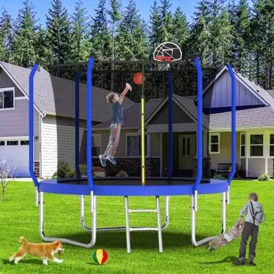 NAYSAYE Trampoline 10FT with Basketball Hoop and Safety Net for Outdoor Fun and Fitness, Blue, 120.08"*120.08"*98.82" image {1}