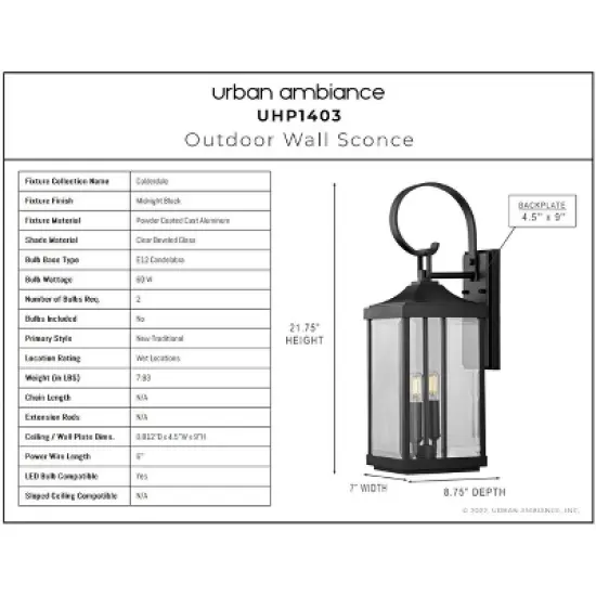 Urban Ambiance Luxury Transitional Outdoor Wall Sconce 21.75''H x 7''W,  Midnight Black Finish,  Calderdale Collection, UHP1403 image {7}