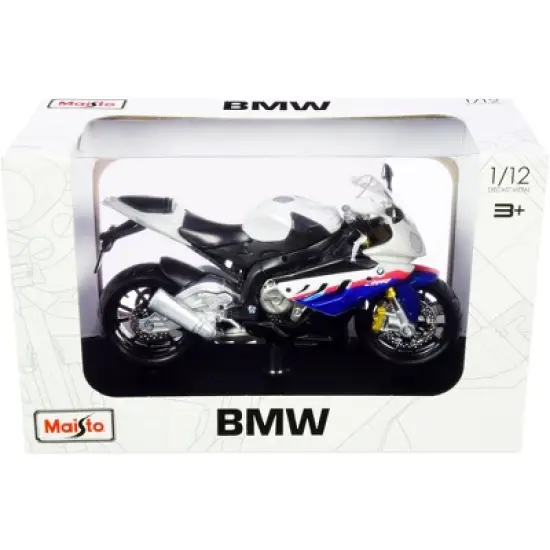 BMW S 1000 RR White with Blue and Red Stripes with Plastic Display Stand 1/12 Diecast Motorcycle Model by Maisto image {2}