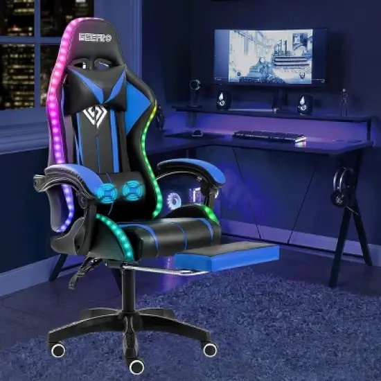 Hoffree Comfort Massage Racing Gaming Chair Ergonomic Office PC Chair with Footrest & RGB Light image {7}