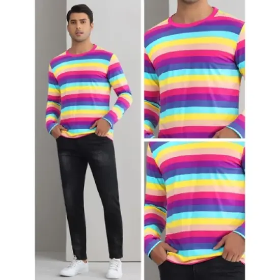Lars Amadeus Men's Crew Neck Long Sleeves Casual Pullover Rainbow Striped T-Shirt image {3}
