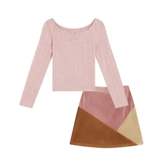 Beautees Girls' 2Pc Peasant Top With Colorblock Patchwork A Line Skirt image {3}