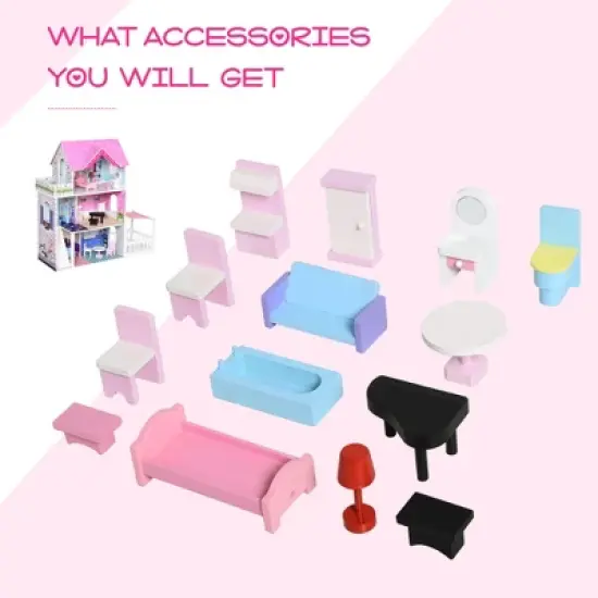 Qaba Kids Wooden Multi-Level Dream House Villa Kit with Furniture and Accessories image {5}