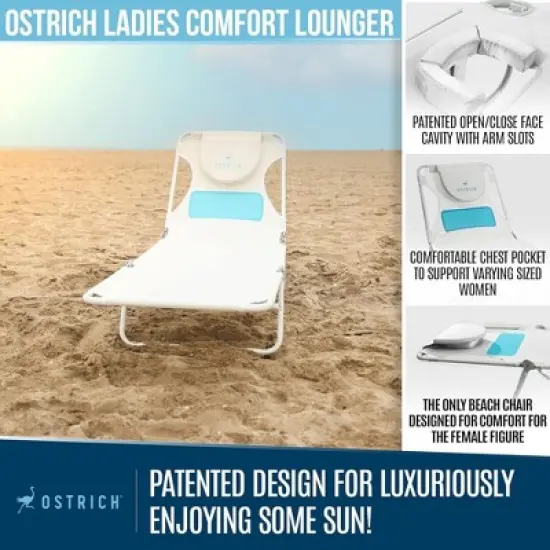 Ostrich Ladies Comfort Lounger with Chest Support, Foldable and Portable Reclining Outdoor Patio Beach Lawn Camping Pool Tanning Chair, White image {4}