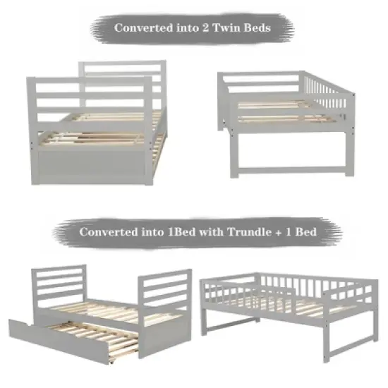 Twin Over Twin Wood Bunk Bed with Safety Rail and Movable Trundle-ModernLuxe image {10}