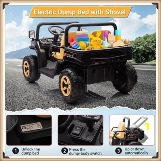 Garvee 24V Kids Ride On Dump Truck, 2-Seater Electric UTV with Remote Control, 4x35W Motors, Shovel, Music, Lights & Bluetooth image {3}