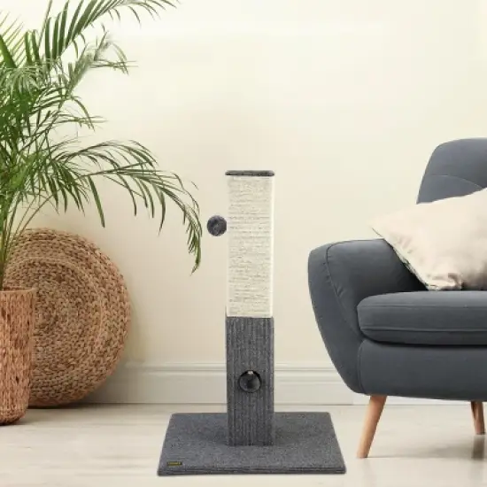 PAWBEE Cat Scratching Post - 32&rdquo; Tall Cat Scratcher with Softball & Jingle Bell Toy &ndash; Covered with Natural Sisal Rope &ndash; Good for Large & Small Cats image {2}