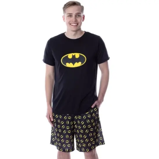 DC Comics Mens' Batman Logo Short Sleeve Shirt Pajama Short Set Black image {3}