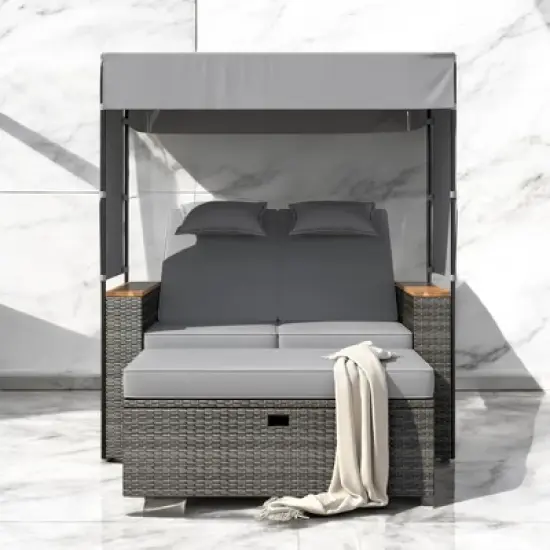 2-Piece Outdoor Rattan Daybed with 5 Positions, Canopy, Bench, and Cushions for Poolside, Backyard & Garden image {11}