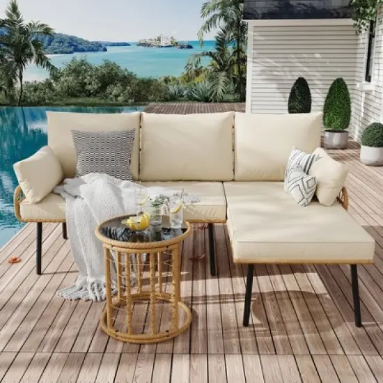 Modern 3-Piece Outdoor Sectional Couch, Wicker Patio Conversation Set with Washable Cushions, Detachable Lounger, and Round Coffee Table, Beige image {1}