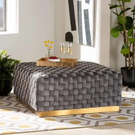 Noah Velvet Fabric Upholstered Square Cocktail Ottoman Gray/Gold - Baxton Studio image {3}