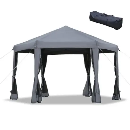Resenkos Patio Garden Pergola, Pergola Canopy,13' x 11' Hexagonal Pop Up Gazebo with 6 Mesh Sidewall Netting, 3-Level Adjustable Height, Gray Dark image {10}