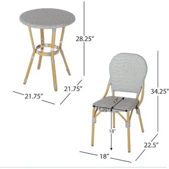 SKRAN Bistro Set, Outdoor Hand-Woven Rattan Wicker Bistro Chairs with Table for Patio Porch Garden, Aluminum Frame & Bamboo Print Finish, Light Gray image {2}