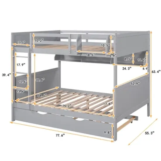Separable Full-Over-Full Bunk Bed with Twin Size Trundle and Bookshelf - ModernLuxe image {3}