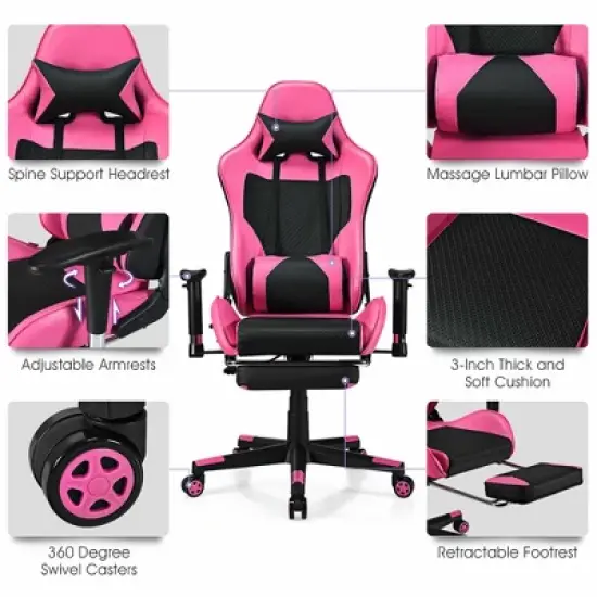 Costway Gaming Chair  Massage  Reclining  Racing Office Computer Chair with Footrest Pink image {9}