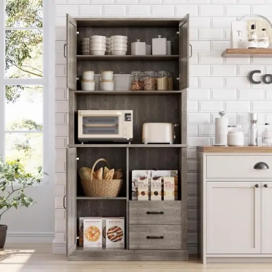 Modern Kitchen Pantry Cabinet with Microwave Stand, Tall Kitchen Hutch with Drawers & Adjustable Shelves image {6}