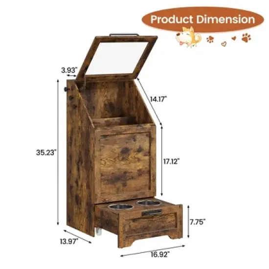 Dog Feeding Station with 2 Elevated Bowls & Food Storage Cabinet &ndash; Flip-Top Pet Feeder with Pull-Out Drawer, Stainless Steel Bowls, Brown image {7}