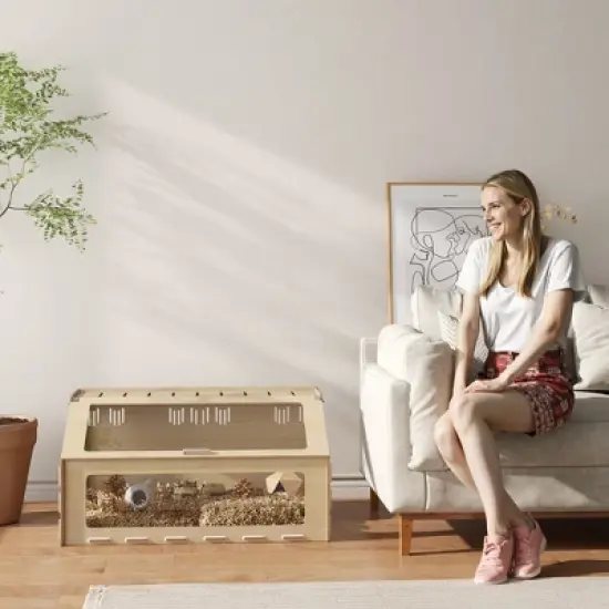 PawHut Hamster Cage Habitat with Acrylic Window & Openable Top, Small Animal Cage for Gerbil, Guinea Pig, Rat, 39" x 23" x 20", Oak image {5}