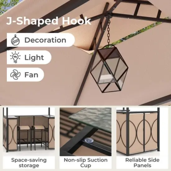 Costway 3 PCS Patio Bar Set with Tempered Glass Bar Table Metal Storage Shelves for Garden Brown/Grey image {8}