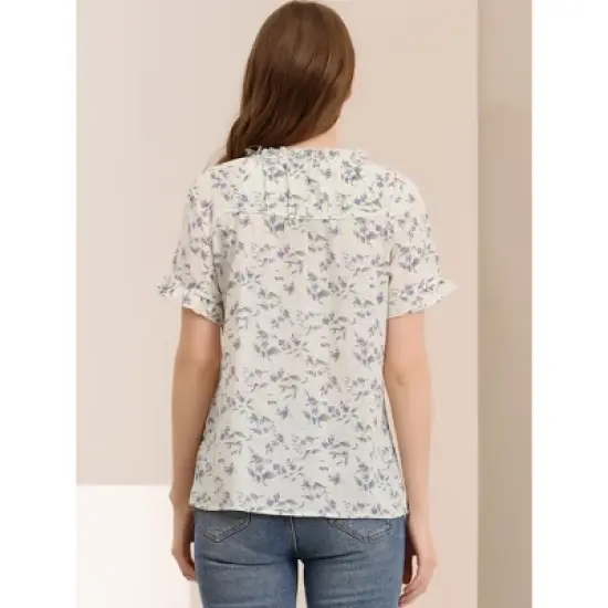 Allegra K Women's Floral Tie Neck Ruffle Short Sleeves Peasant Blouse Top image {4}