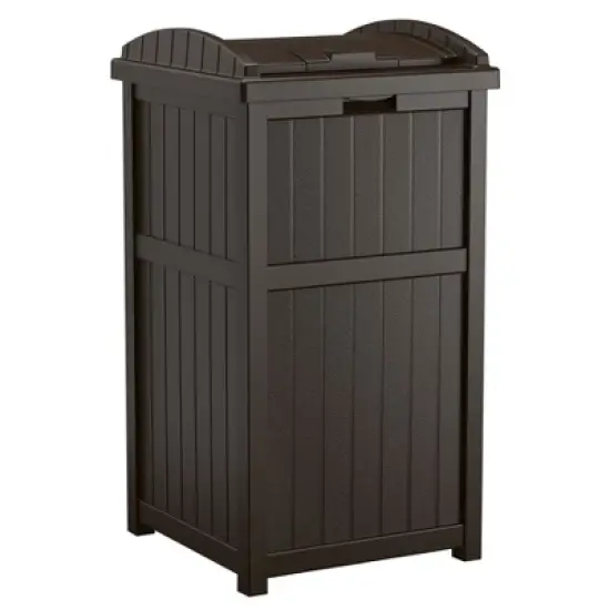 Suncast Trash Hideaway Outdoor Garbage Bin & 99 Gallon Deck Box w/ Seat, Java image {1}