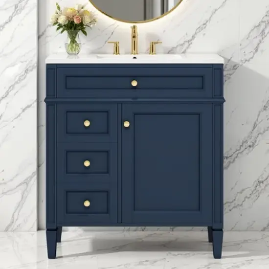 SpassWay 30"L White Modern Bathroom Vanity with Sink 2 Drawers Tip Out Storage Cabinet image {11}