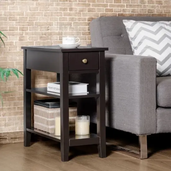 Costway 3Tier Nightstand Bedside Table Sofa Side End Table w/Double Shelves Drawer Brown image {2}