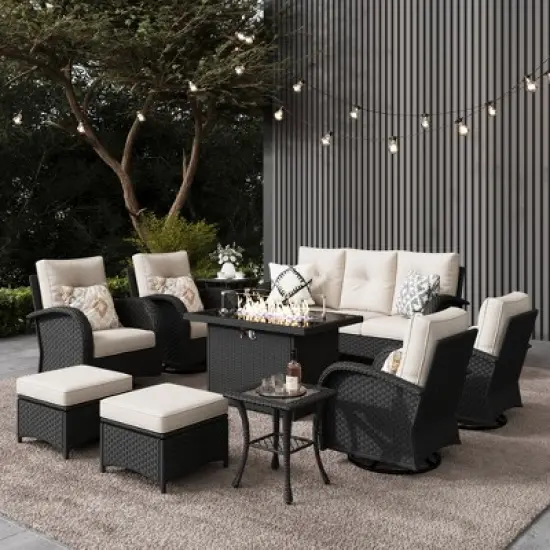 LayinSun Outdoor Patio Furniture Set, Black Rattan Wicker Sectional Swivel Rocker Chairs Sets image {9}