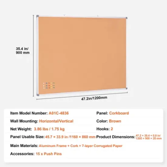 VEVOR 48"x36" Large Cork Board &ndash; Wall-Mounted Bulletin Board with Pin Board &ndash; Perfect for School, Home, Office, Silver image {7}
