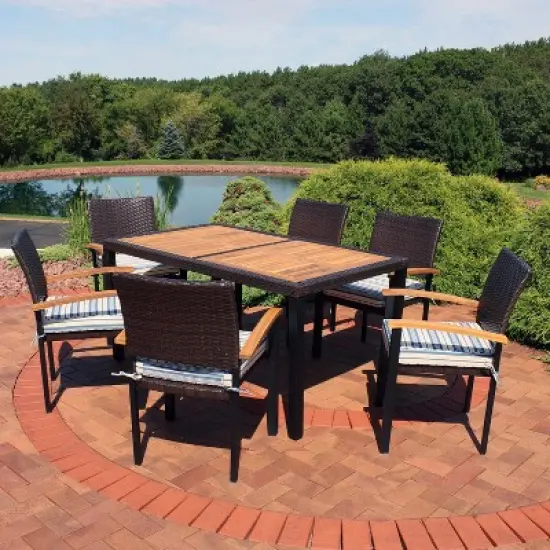 Sunnydaze Outdoor Rattan and Acacia Wood Carlow Patio Dining Set with Table, Chairs, and Seat Cushions - 7pc image {1}