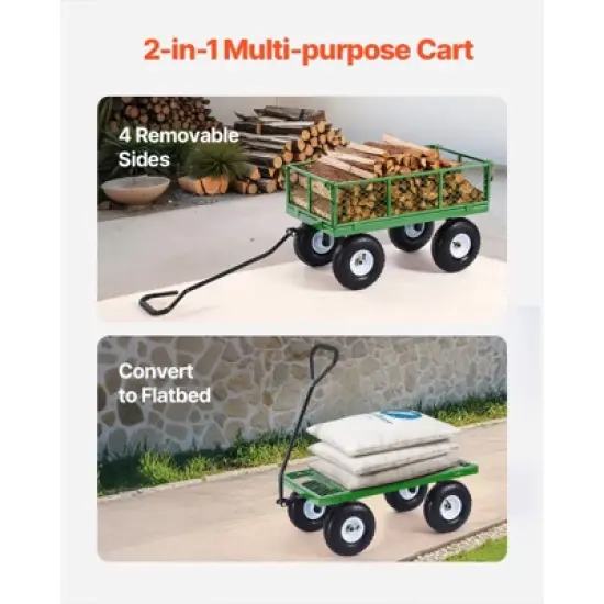 VEVOR 900 Lbs Steel Garden Cart on Wheels, Heavy Duty Pullable Garden Wagon Yard Cart, Outdoor Metal Utility Wagon with 10" Tires, Green image {3}