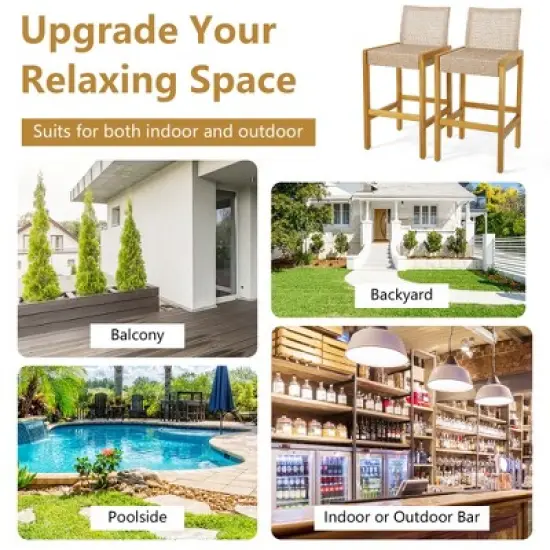 Costway Set of 2 Patio Wood Barstools Rattan Bar Height Chairs with Backrest Porch Balcony image {6}