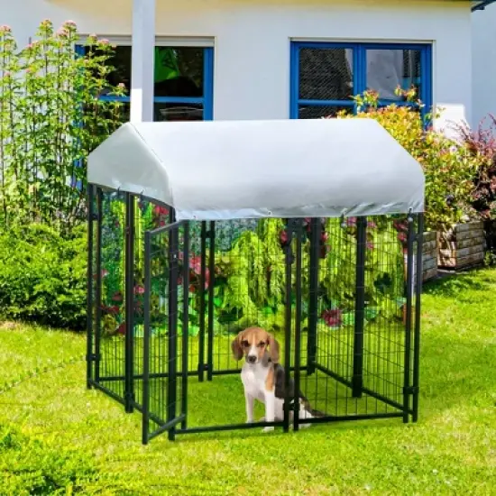 Pawhut Large Outdoor Dog Kennel Steel Fence with UV-Resistant Oxford Cloth Roof & Secure Lock image {2}
