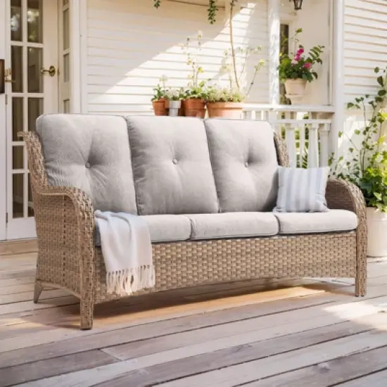Buenhomino Outdoor Patio Couch Wicker Sofa - 3 Seater Rattan Sofa for Outside Patio Garden with Deep Seating and Olefin Cushions image {9}