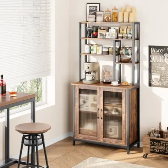 64.5" Kitchen Bakers Rack with Storage Cabinet, 5-Tier Microwave Stand with Fluted Glass Doors, Freestanding Industrial Coffee Bar Station, Retro image {7}