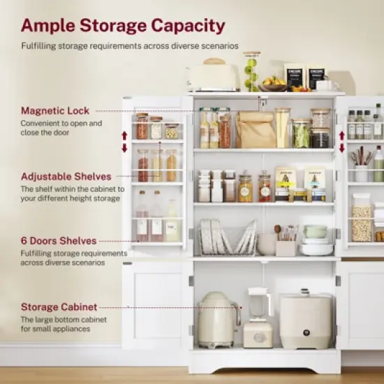 USIKEY Pantry Cabinet, Kitchen Pantry Storage Cabinet with Doors and Adjustable Shelves, Food Pantry for Kitchen, Dining Room, Living Room, White image {12}
