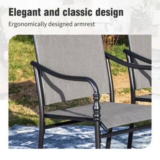 Captiva Designs 9pc Spacious Slat-top Rectangle Metal Table with Umbrella Hole & Fixed Steel Chairs with Gourd Head Armrests image {7}