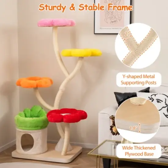 Tangkula 64" Multi-layer Cat Tower w/4 Colorful Flower-shaped Platforms Scratching Posts image {3}