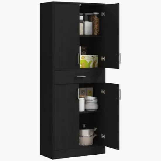Gulches 70.75"H Freestanding Kitchen Pantry Cabinet - 2 Double Doors, Drawer, Adjustable Shelf, Distressed Black, 27.75"W x13.5"D image {1}
