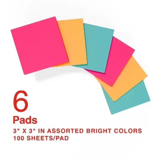 Staples Stickies Pop-up Std Notes 3" x 3" Asst Colors 100 Sh./Pad 6 Pads/PK 565448 image {1}