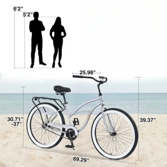 INFURNIC Bicycles, Men's Beach Cruiser Bike with Wide Wheels, Rear Coaster Brakes, Silver, 69.29"*25.98"*39.37" image {1}